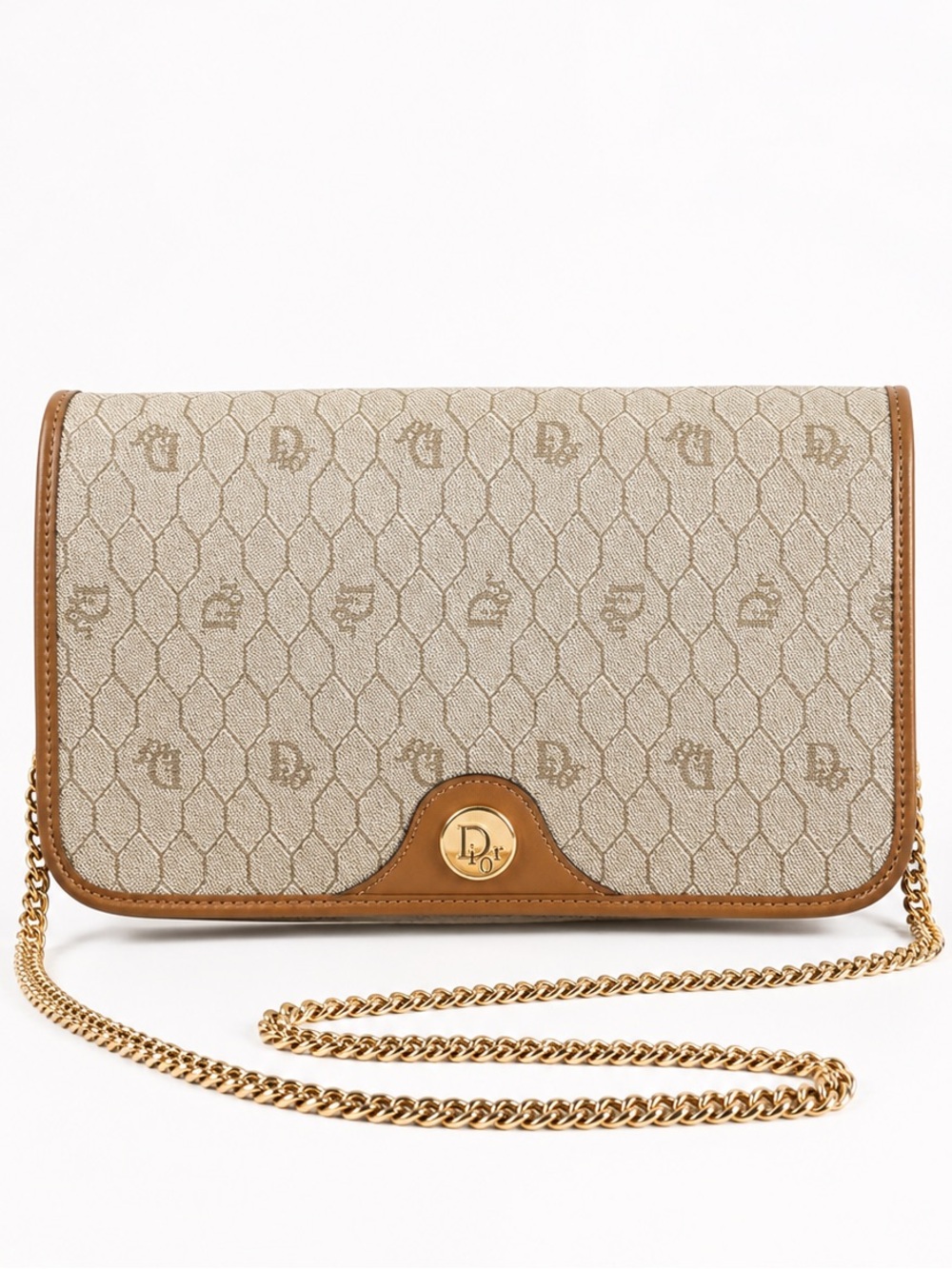 Authentic Christian Dior Honeycomb Monogram Chain Crossbody Bag Beige Brown
